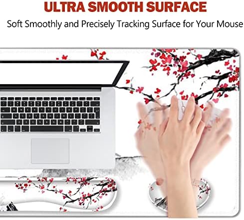 ToLuLu Extended Gaming Mouse Pad, Memory Foam Ergonomic Keyboard Mouse Wrist Rest Support Set, Large Desk Mat with Stitched Edges, Non-Slip Base Mousepad for Home Office Game, Cherry Blossom Sakura