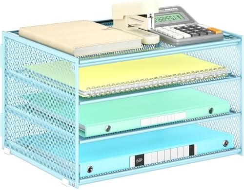 Lavatino 3-Tier Letter Tray Desk Paper Organizer – Blue Mesh Metal File Tray Organizer for Desk, Office Supplies & Home Organization | Fits A4/Letter Paper, Mail, Magazines and Office Accessories