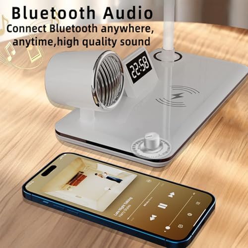 AYI Multifunctional Desk Lamp with Wireless Charger, Bluetooth Speaker, Digital Alarm Clock, Dimmable RGB LED, Brightness & Angle Adjustable for Home Office Bedroom, HYT1772 White.