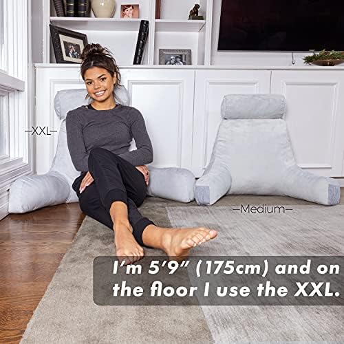 Husband Pillow Medium Reading Pillow with Arms - 23" Backrest for Sitting Up in Bed - Firm Support Bed Rest Pillow for Adults, Neck Roll, Removable Cover - TV, Reading, Lounging - Light Grey