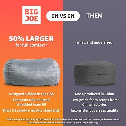 Big Joe Fuf 6Ft Giant Lounger Foam Bean Bag Chair, Oversized Couch with Removable Cover for Kids, Teens, Adults, Fog Lenox, Durable Woven Polyester, 6 Foot