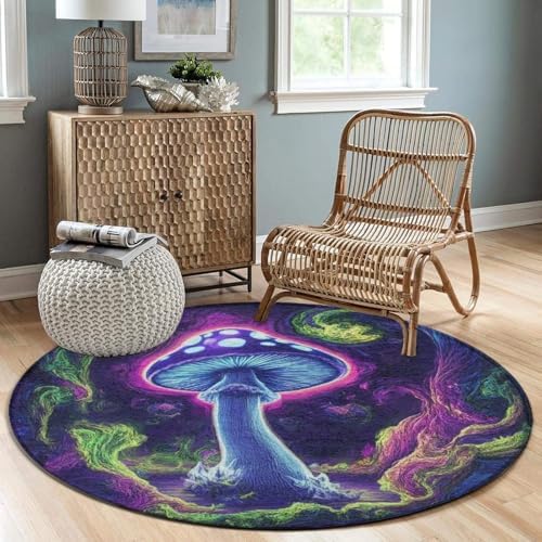 Machine Washable Modern Round Area Rug, Room Sofa Yoga Soft Round Carpet, Home Decor Non Slip Kitchen Office Circle Rug Trippy Mushrooms Purple Art, 60inch