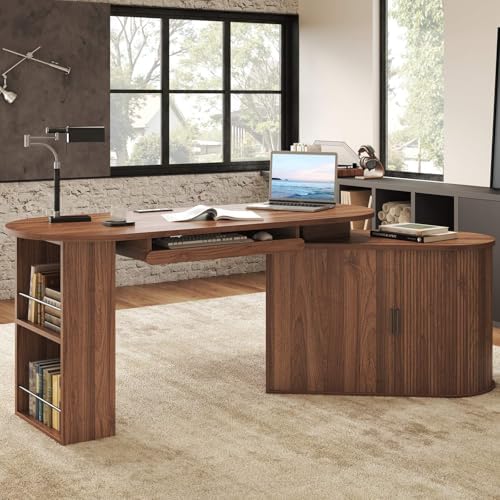 HSH L Shaped Office Corner Desk with Storage Cabinet Walnut 60 Inch