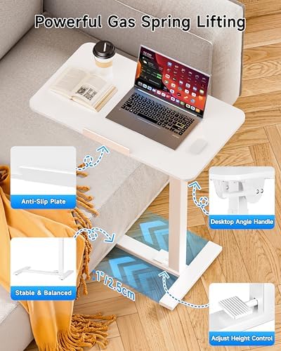 BIZUM Mobile Standing Desk Laptop Desk Pneumatic with Wheels 180° Tilt Top Hospital Bed Table Portable Rolling Cart Foldable Bedside Table for Hospital&Home Use, White