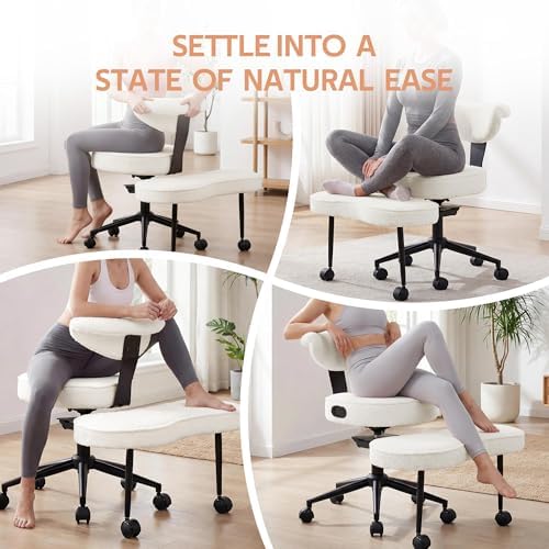 Ergonomic Cross Legged Chair, 360° Swivel Meditation Chair with Wheels - Adjustable Height for ADHD Desk & Yoga, Wide Criss Cross Chair for Home, Beige