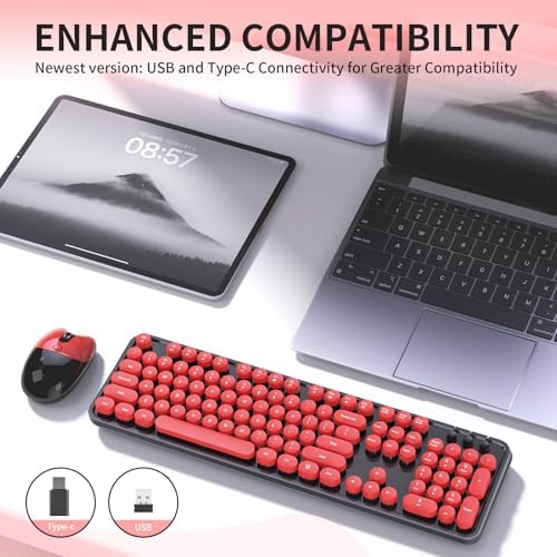 Wireless Keyboard Mouse Combo, 104 Keys Cute Colorful Typewriter Black Red
