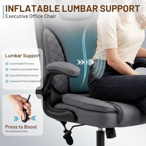 Ergonomic Office Chair, PU Leather High Back Executive Chair with Adjustable Inflatable Lumbar Support and Padded Flip-Up Arms, Recline Swivel Task Computer Chair for Home Office, Gray