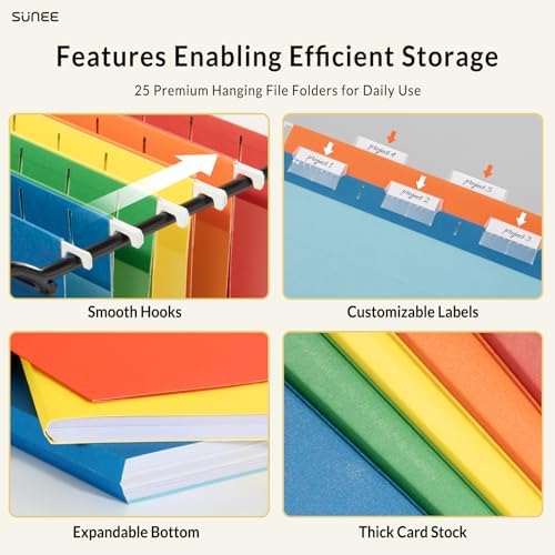 SUNEE Hanging File Folders Assorted Colors, 25 Pack File Folders Letter Size with 1/5-cut Tabs, Stay Organized for Your Home and Office Bulk File and Documents