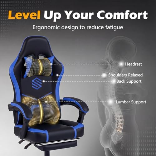 Giantex Gaming Chair, Height Adjustable Computer Desk Chair with Headrest, Lumbar Support, Linkage Armrests, Reclining Backrest & Footrest, Ergonomic Office Chair, Video Game Chair (Blue)