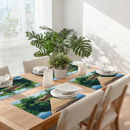 Peaceful Retreat Wooden Structure Linen Placemats, Water Body Lush Foliage Table Mats for Table Washable Heat Insulation Thick Dining Mat, Indoor/Outdoor 12X18 in 8 Pcs