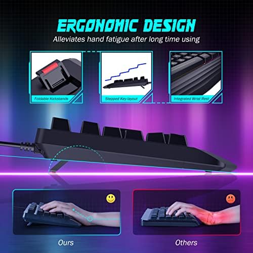 Gaming Keyboard Wired, 7-Color Backlit, 104 Keys Quiet Light Up, Wrist Rest