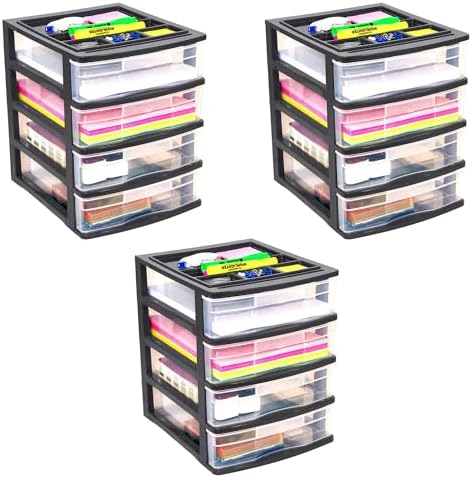 Gracious Living 4-Drawer Desktop Organizer with Tray Top, Black, 3-Pack
