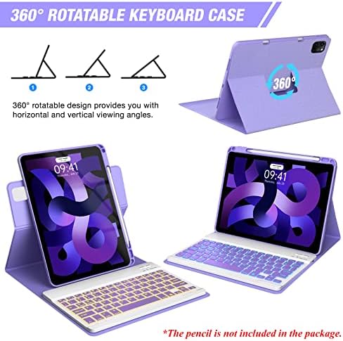 Keyboard case for ipad Air 11 inch(M2 2024)/10.9 Inch Air 5th 4th Generation & iPad Pro 11 inch (1st/2nd/3rd/4th Gen) 360° rotational case Folio Cover with Pencil Holder - Backlit Detachable-(Purple)
