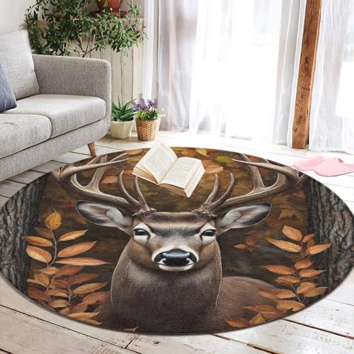 Circular Rugs Large Modern Round Area Rug Fashion Decor Mat for Home Office Fall Leaves Hunting Camo Tree Deer