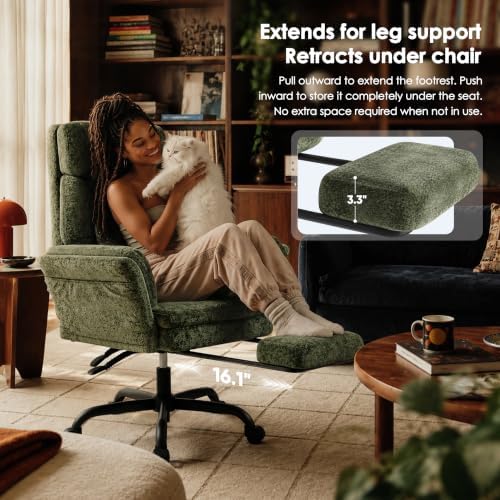 ELABEST C57 Ergonomic Reclining Office Chair with Footrest,Velvet Desk Chairs with 6-Stage Adjustable Wing Armrests for Cross Legged Sitting, Pet-Friendly High Back Lounge Gaming Chair for Home Office