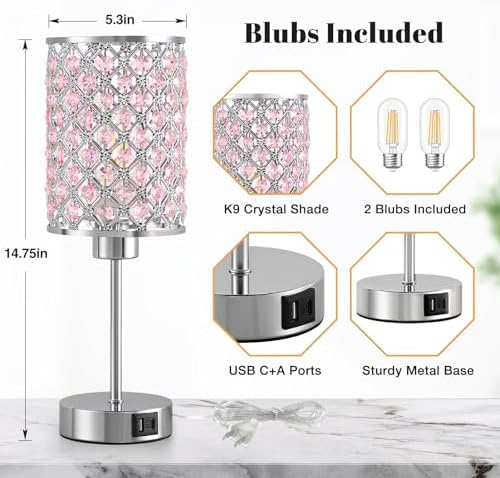 GyroVu Pink Crystal Bedside Table Lamps Set of 2 with USB C+A Ports