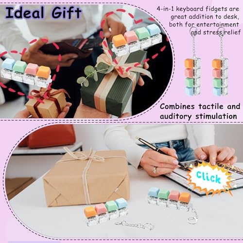 2 PCS Keyboard Fidget Toy, Keyboard Fidget Keychain 4-in-1 Keyboard Decompression Button Finger Clicker Toys, Button Stress Relief Fidget Gifts to Relief Stress (Fours- Pink Orange Blue)