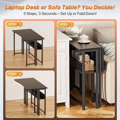 Huuger Folding Desk with Storage Shelf, 39.3 Inch Foldable Computer Table