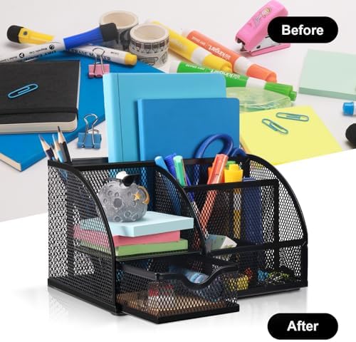 Comix Mesh Pen Pencil Holder Desk Organizer, 7 Compartment Wire Desktop Pen Pencil Cup Caddy Office Supplies for Home Office School, Black