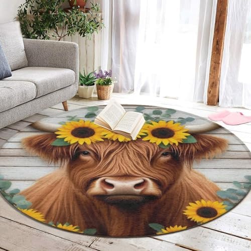 Large Home Decor Mat, Soft Round Yoga Carpet, Non Slip Machine Washable Kitchen Office Circle Rug Sunflower Highland Cow