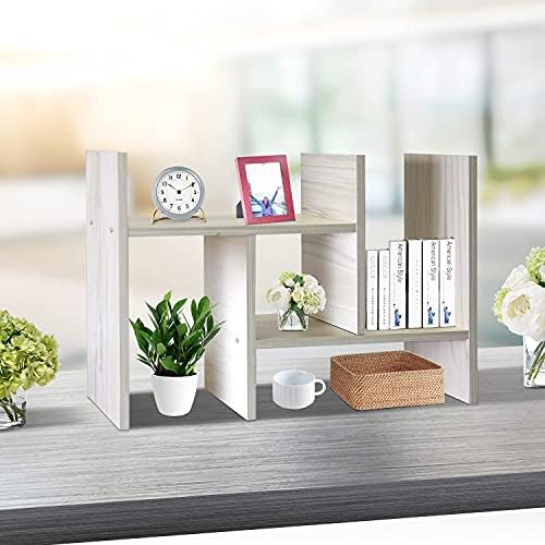 J.M.Deco Desktop Organizers and Storage for Office, Adjustable Desk Organizer Shelf Double H Display, True Natural Stand Shelves, Desktop Organizer White Wood Tone