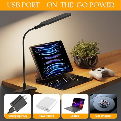 LED Clip on Light, 3 Color Modes & 10 Brightness Levels, 360° Flexible Gooseneck Clamp Lamp, Ultra Wide Brightness Range, USB Eye-Caring Table Light for Home Office/Reading/Painting, Black