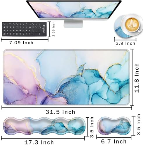 Keyboard Wrist Rest and Mouse Pad with Wrist Support Set Ergonomic Coaster,Memory Foam,Easy Typing Pain Relief,Large XL Desk Mat 31.5"x 11.8",Cyan Blue Marble