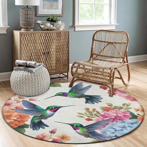 Soft Round Yoga Carpet, Office Chair Decor Round Mat for Carpet and Hardwood Floors Bird Colorful Flowers Hummingbirds Floral