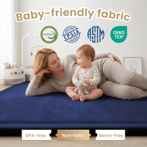 ACOMOPACK Baby Play Mat for Floor 1.3" Thick Memory Foam Play Mat 79"×118" Tummy Time Crawling with Non-slip Bottom for Living Room,Nursery,Soft Velvet Playpen Mats for Kids,Infants（Royal Blue）