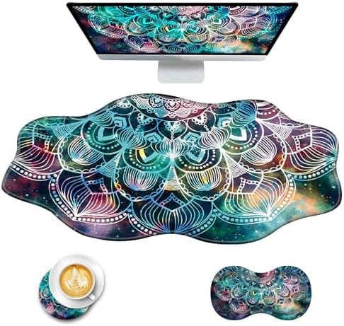 Mouse Pad with Wrist Support + Desk Mat + Coaster 3 in 1 Set, XXL Large Gaming Mousepad Ergonomic Mouse Pads for Desk Computer Laptop Office,Mandala in Galaxy