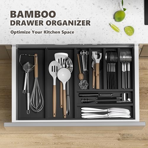 Bamboo Kitchen Drawer Organizer, 2-Pack, 9" x 3" x 2.5", Black
