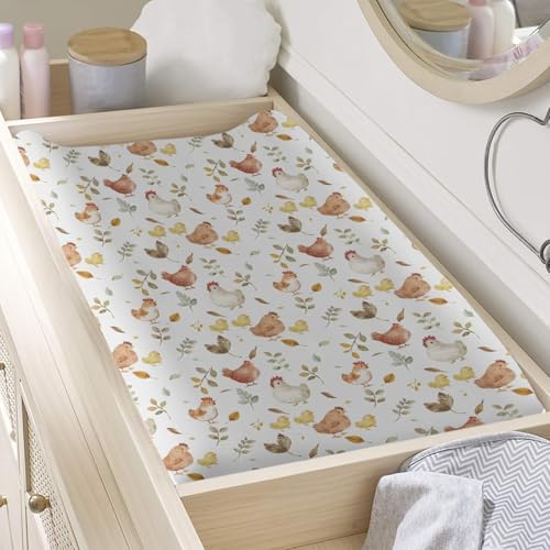 Watercolor Cute Farm Animals Chicken Baby Changing Pad Cover, Unisex Chicken Nursery Diaper Changing Table Pad Mat Sheet for Boys Girls-16x32