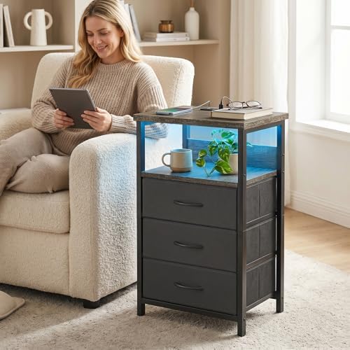 Fixwal Night Stand with 3 Fabric Drawers, Nightstand with Charging Station
