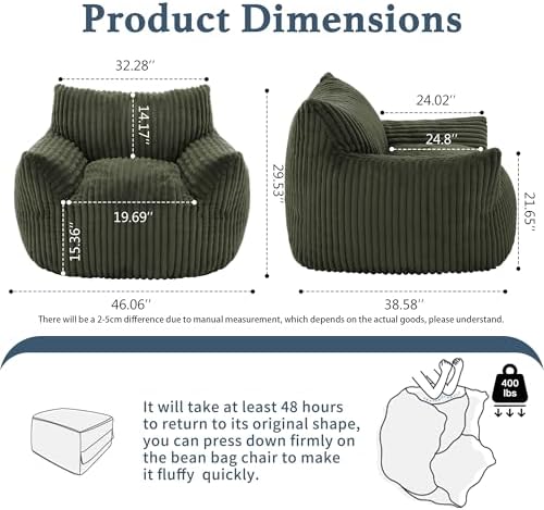 Gericco Giant Plush Bean Bag Chair for Adults with Armrests - Oversized Comfy Green Beanbag Lounge Lazy Floor Sofa Accent Chair for Living Room, Bedroom & Dorm, Cozy Fluffy Single Cloud Mini Couch