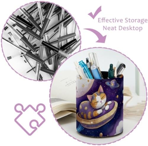 Leather Pen Holder for Desk, Planet Cat Pencil Cup Pen Organizer Makeup Brush Holder for Office Home Kids Countertop Desk Accessory Storage