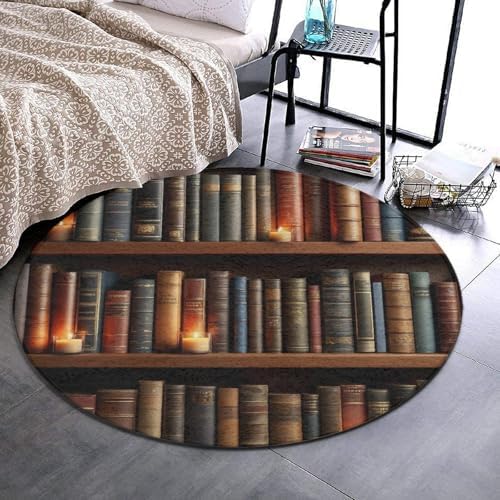 Large Home Decor Mat, Soft Round Yoga Carpet, Non Slip Machine Washable Kitchen Office Circle Rug Vintage Library Bookshelf Candlelight