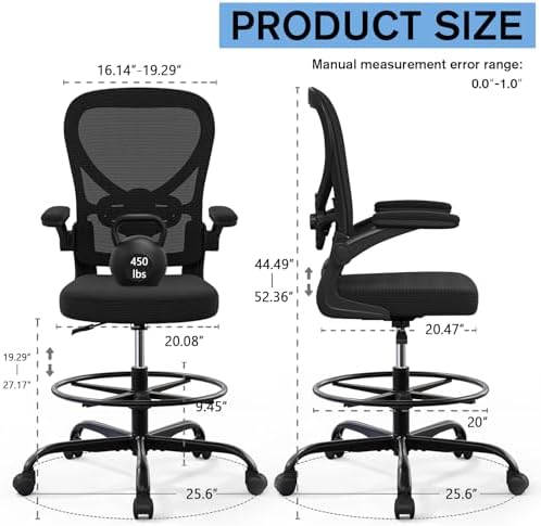 Alolo Drafting Office Chair with Foot Rest,Ergonomic Chair with Footrest for Standing Desk,Adjustable Mesh Lumbar Support Chairs with Flip-up Armrest and Heavy Duty Rolling(Black)