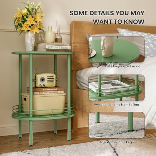 Green Oval Nightstand Set of 2, Small Modern Round Side Table with Storage