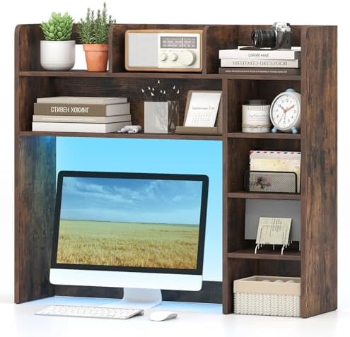 Tangkula Desktop Bookshelf with LED Lights, Desk Hutch with 8 Shelves for Max 25" Monitor, Desktop 5-Tier Display Rack, Multipurpose Wood Desktop Storage Hutch Organizer for Dorm Office Home