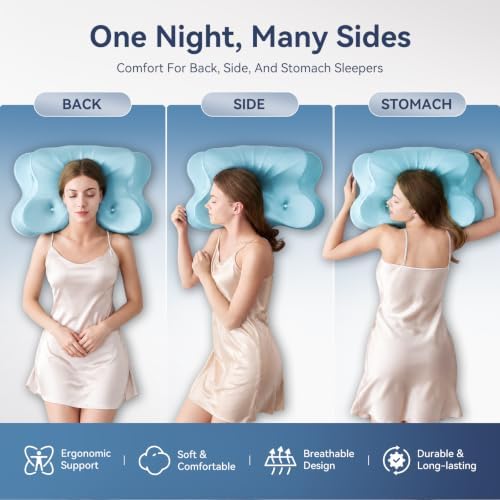 Neck Pillow for Sleeping, Cervical Neck Pillow with 3-Hole Design, Memory Foam Pillow for Side Sleepers, Sleep Pillow for Neck Pain Relief, Gray (1, Blue)