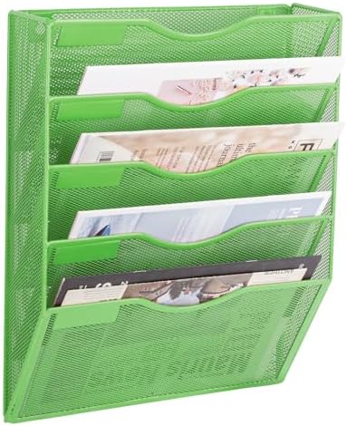 EASEPRES 5 Pocket Mesh Hanging Wall File Organizer, Wall Mounted Mail Paper Document Folder Holder, Clipboard Storage Organization Magazine Rack with Nametag Label for Office Home School, Green