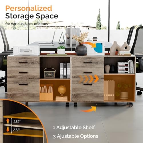 VINGLI 3 Drawer Wood Lateral File Cabinet with Adjustable Shelves & Locking Wheels, Printer Stand with Drawers for Letter Files, Sturdy File Cabinets for Home Office, Study & Business, Rustic Gray