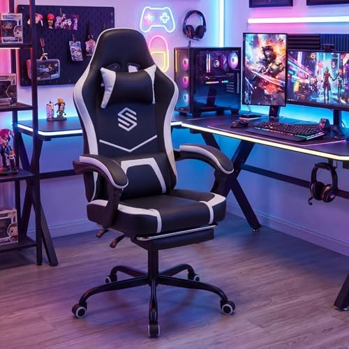 GIANTEX Gaming Chair, Height Adjustable Computer Desk Chair with Headrest, Lumbar Support, Linkage Armrests, Reclining Backrest & Footrest, Ergonomic Office Chair, Video Game Chair (Black)
