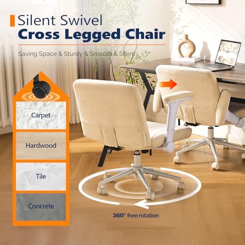 VINGLI Criss Cross Chair with Adjustable Flip-Up Arms,Cross Legged Chair with Wheels, Extra Wide Office Chair,Cozy Desk Chair for Home Office, Vanity, Apartment,Chenille Velvet,Beige