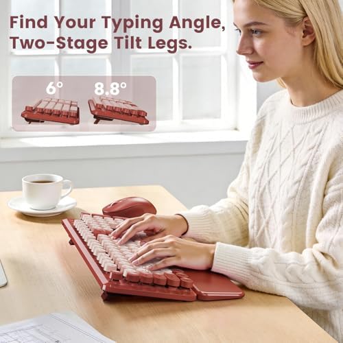 Wireless Keyboard Mouse Combo, Magnetic Wrist Rest, Round Keycaps, Wine Red