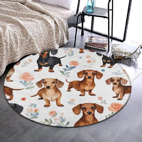 Fashion Round Area Rug Large Non Slip Carpet, Dachshund Wiener Dog Unisex Home Decor Mat