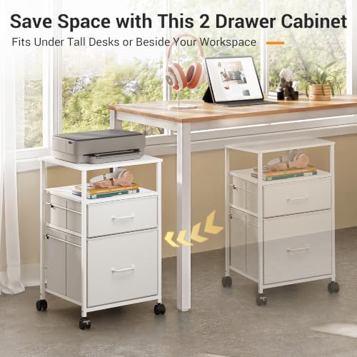 DEVAISE 2 Drawer Fabric Vertical Filing Cabinet, Rolling Printer Stand, White