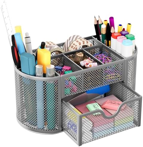 EasyPAG Mesh Pen Holder Desk Organizer with Drawer Stationery Supplies Organizer for Dorm School 9 Compartments Workspace Desk Accessories Organization for Office, Silver