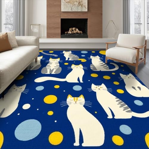 6'x9' Blue Yellow Cat Symphony with Golden Ultra-Soft Area Rug