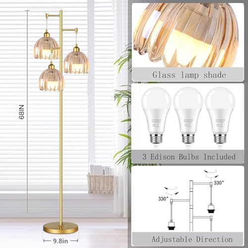 Gold Floor Lamps for Living Room Vintage Floor Lamp with Glass Lmapshape & Three Led Bulb,Green Floor Lamp Brass Mid Century Modern Standing Lamp Tall Tree Flower Floor Lamps for Bedroom,Office,Corner